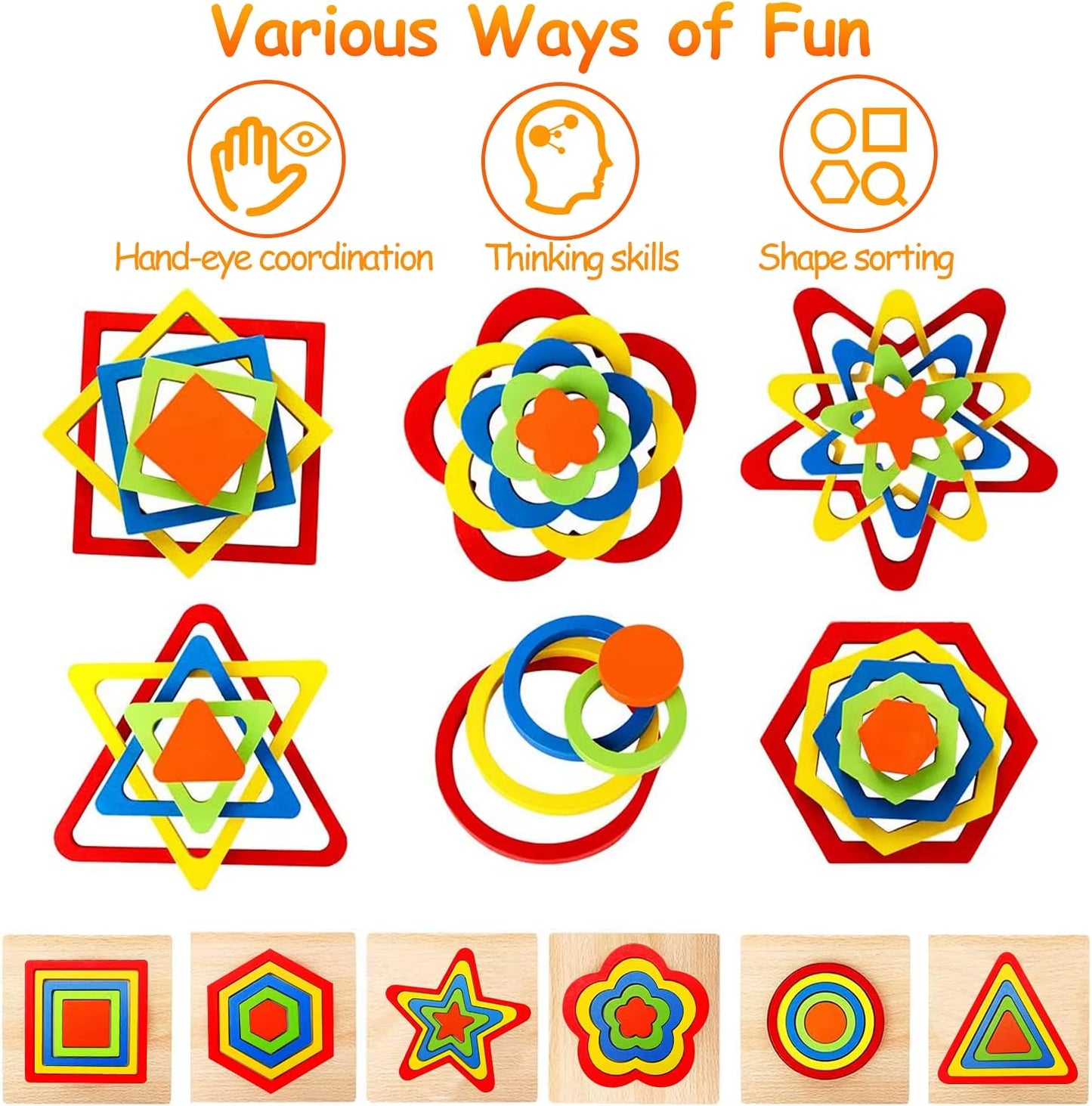 Stacking Puzzle Game Blocks Educational Toy for Kids Montessori Wooden Shape Sorting Puzzle Sensory Toys Developmental 1 2 3 4 Y