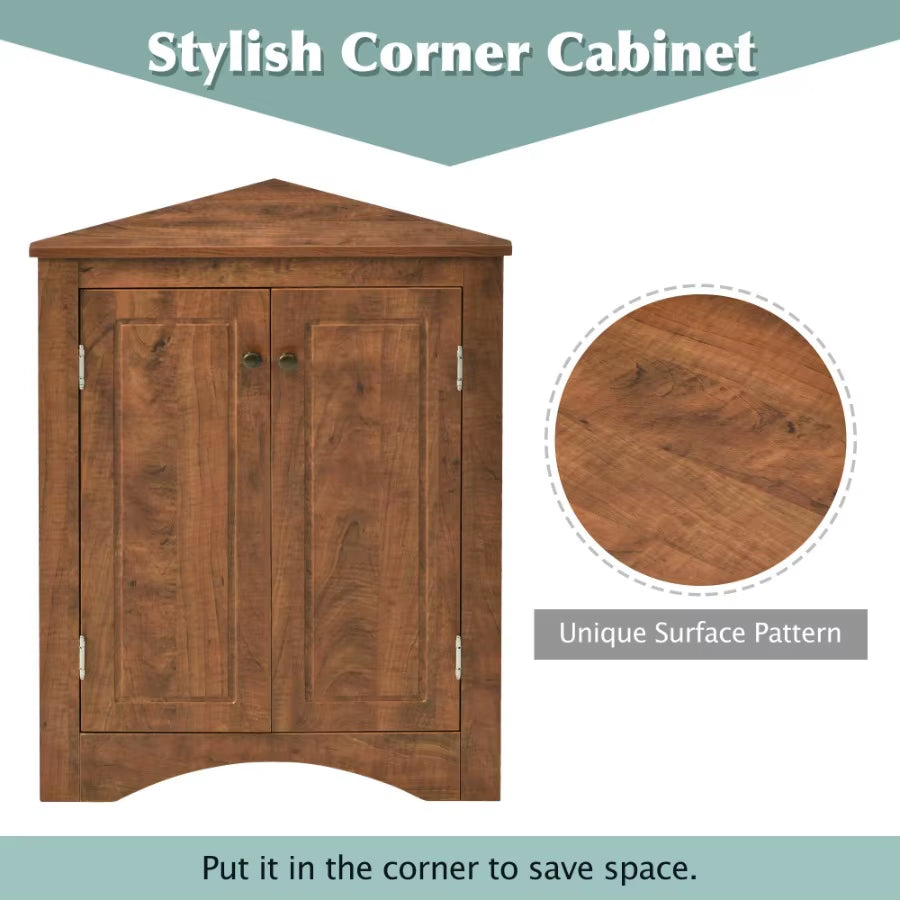 Brown Triangle Bathroom Storage Cabinet with Adjustable Shelves Freestanding Floor Cabinet for Home Kitchen