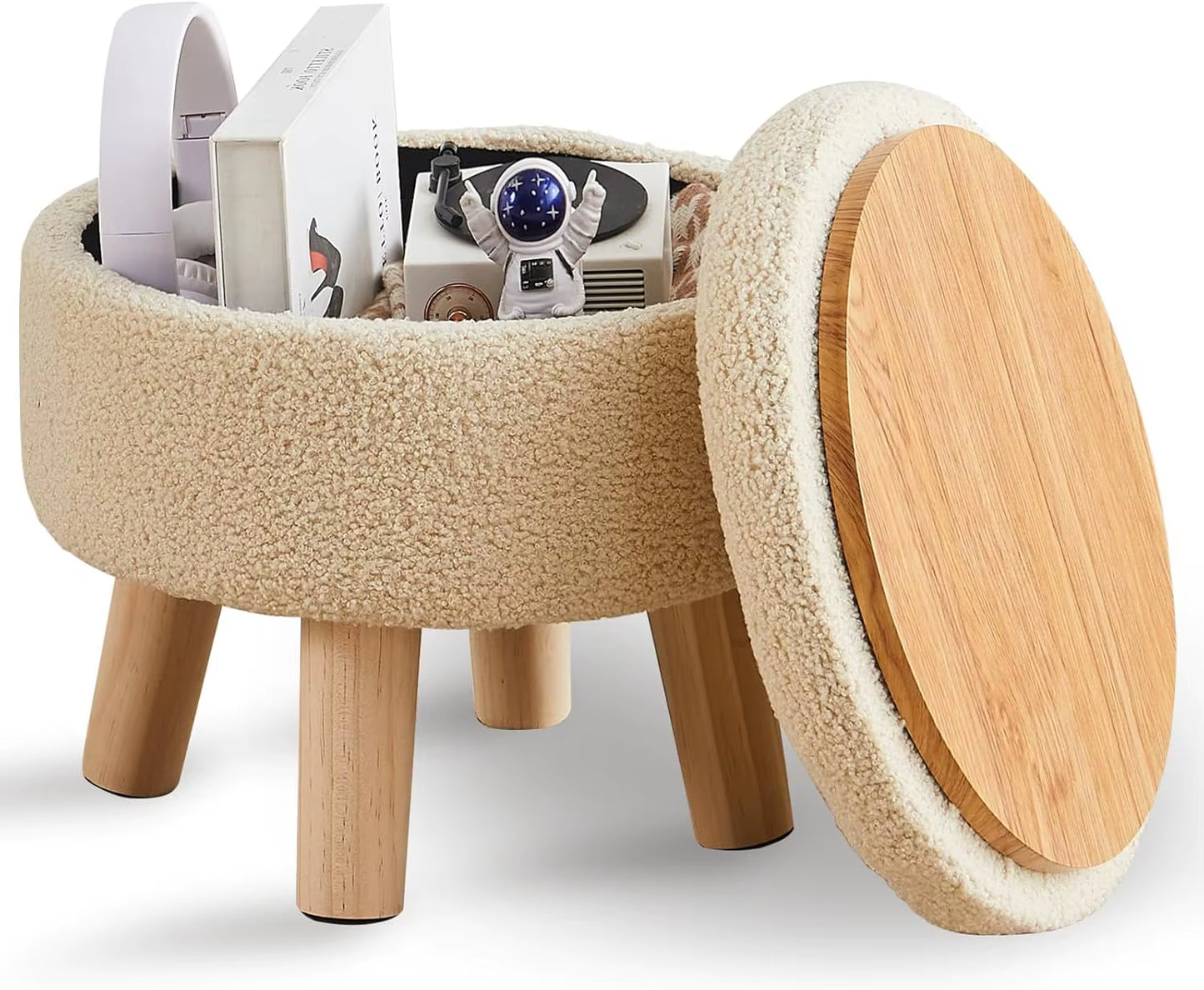 Storage Ottoman, Modern round Footrest with Soft Padded Seat, Teddy Velvet Footstool with Wood Legs
