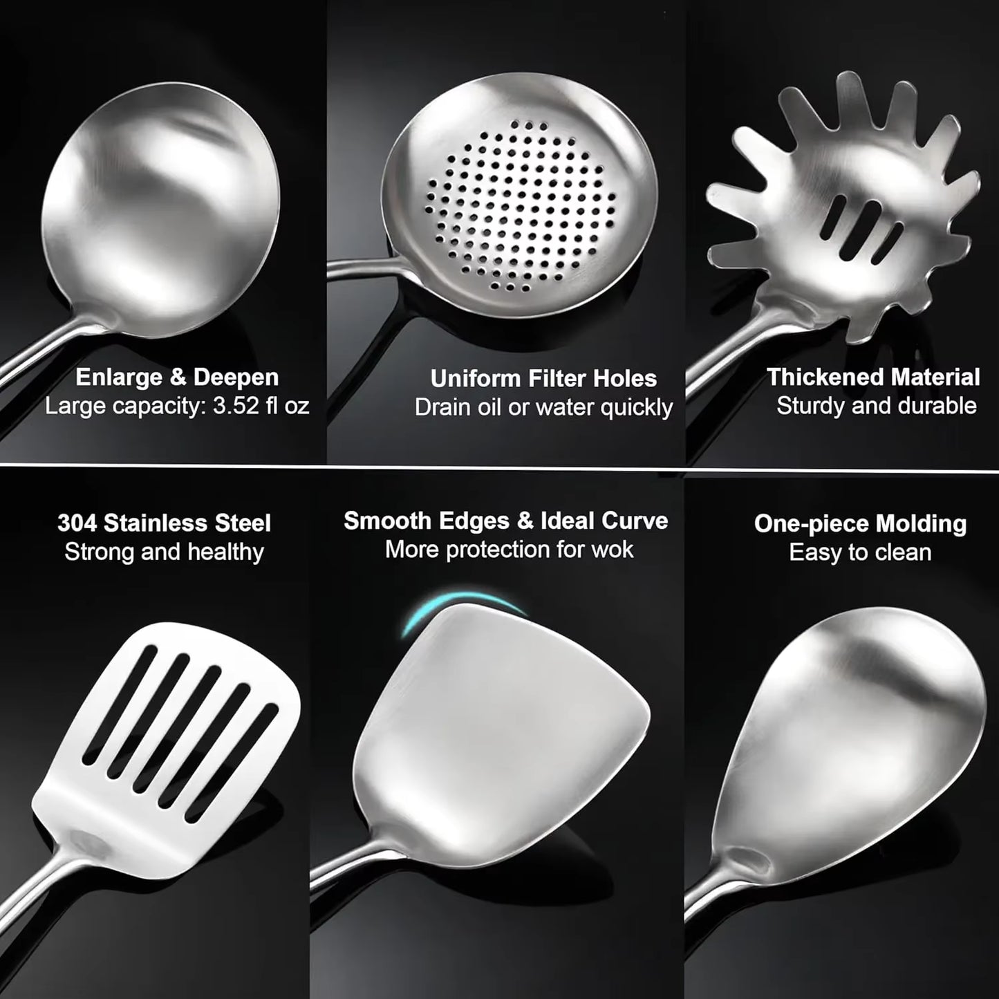 304 Stainless Steel Kitchen Utensils Set with Wooden Handle for Cooking 9 PCS with Solid Spoon, Slotted Spoon, Fork, Spatula