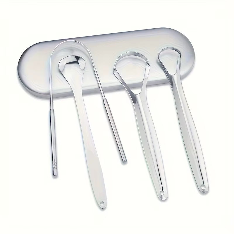 3/4PCS Tongue Scraper for Adults with U-Shaped Hollowed-Out Spooned Stainless Steel Tongue Cleaner with Metal Travel Case Bad