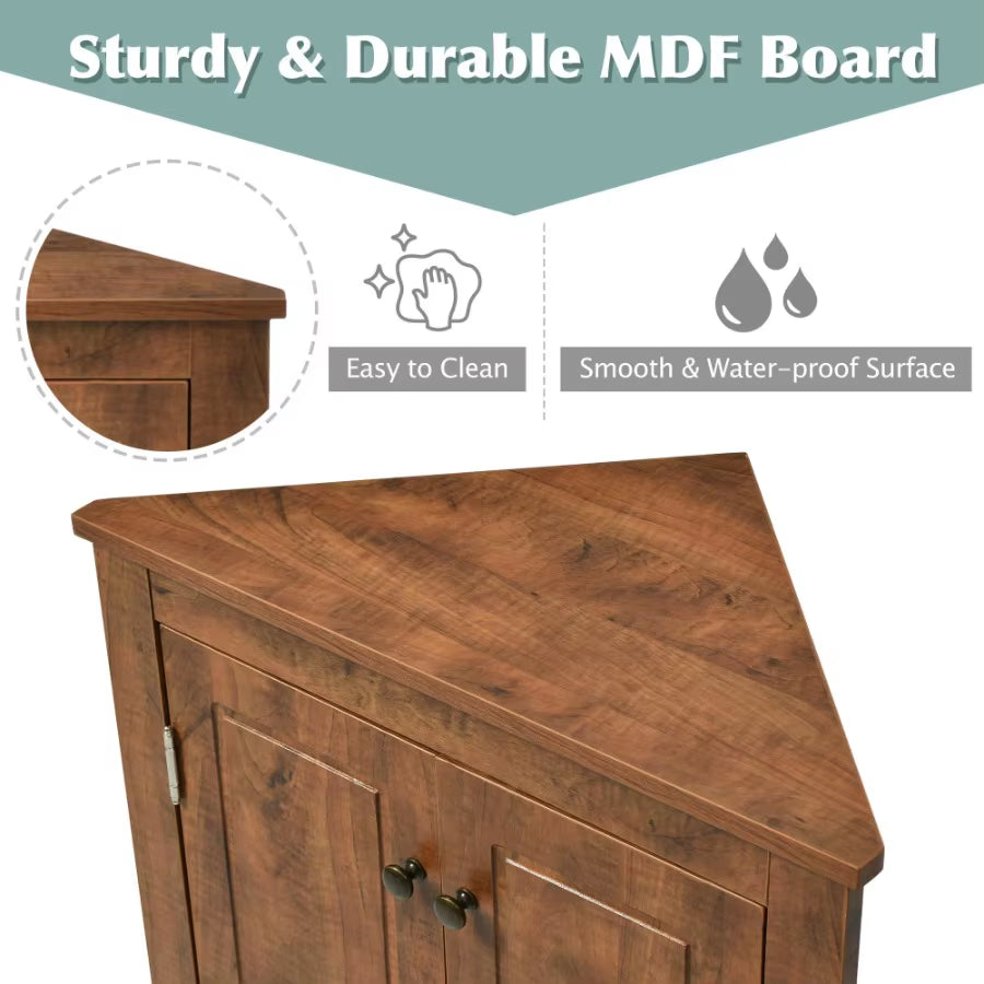 Brown Triangle Bathroom Storage Cabinet with Adjustable Shelves Freestanding Floor Cabinet for Home Kitchen