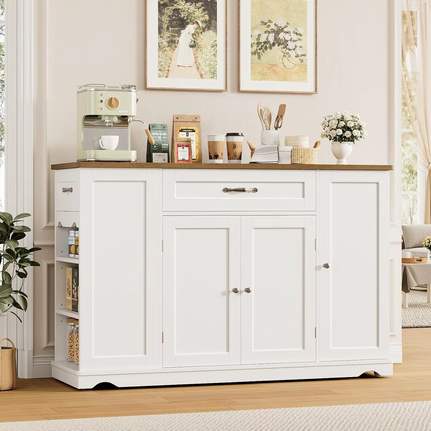 47" White Kitchen Island Cart on Wheels W/ 2 Drawers & Adjustable Shelves - Mobile Storage Cart, Buffet Cabinet for Dining Room