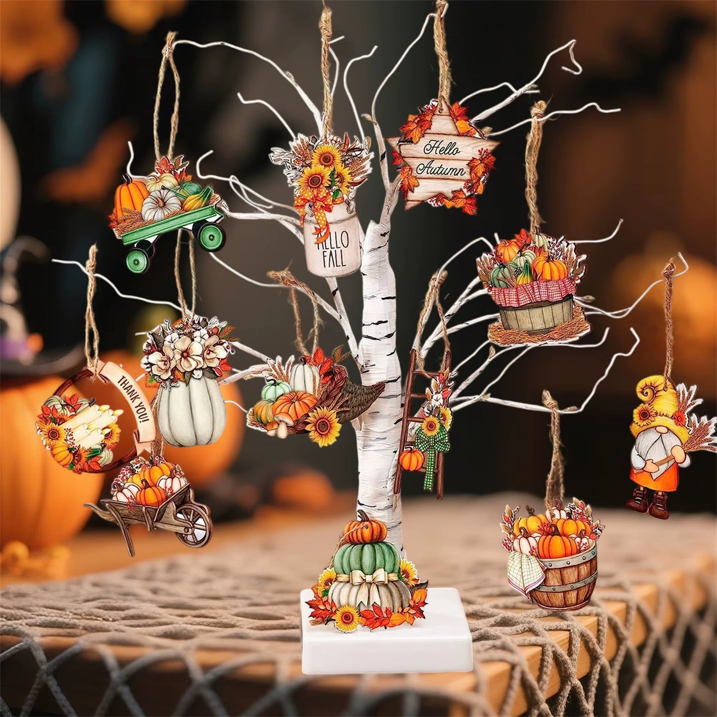 Thanksgiving Harvest Decor Set with Gnome Pumpkin Leaves - Wooden Hanging Ornaments for Autumn Home Party Wall Display