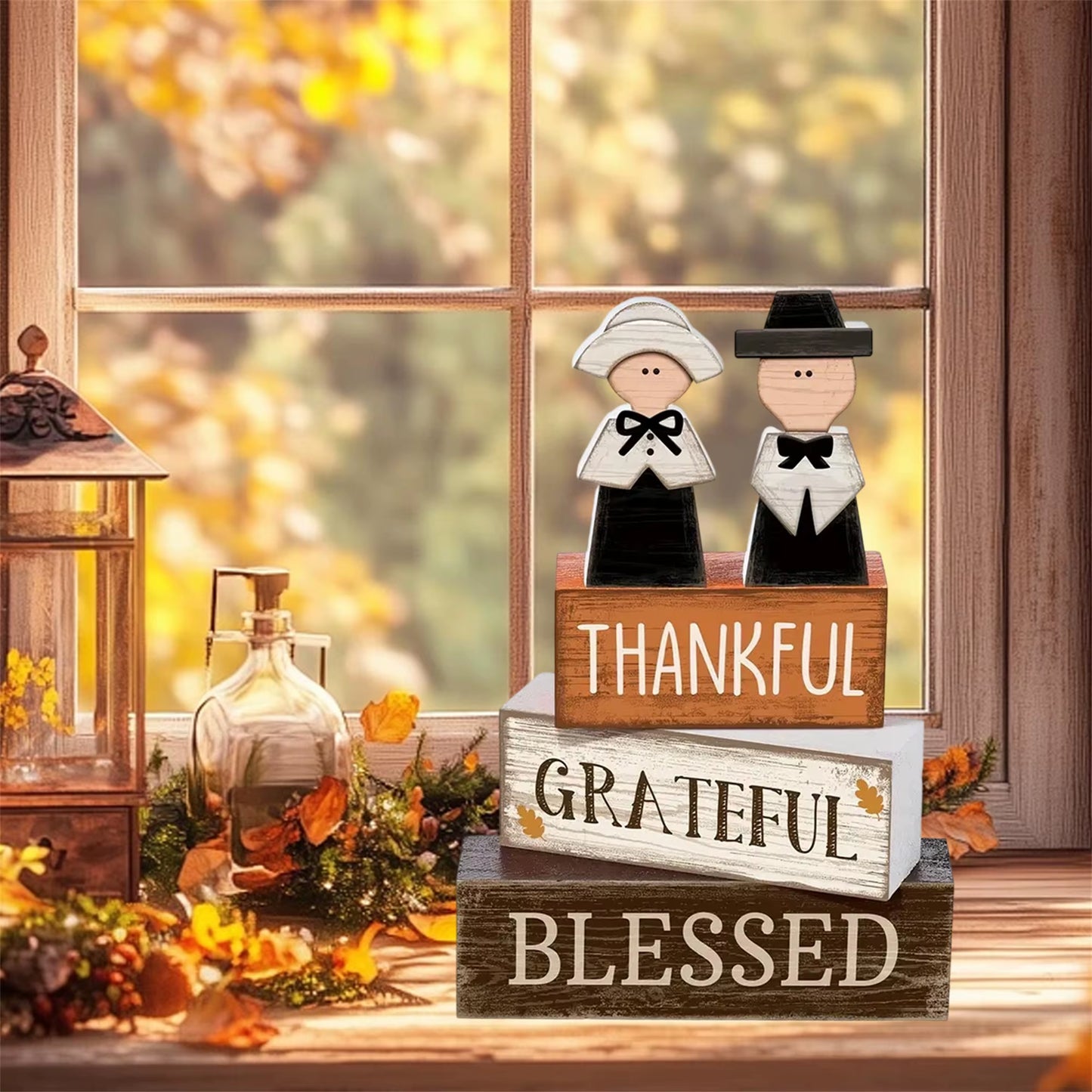Thanksgiving Harvest Wooden Pumpkin Table Centerpiece Rustic Fall Decorative Desk Ornament Set of 3 Pieces