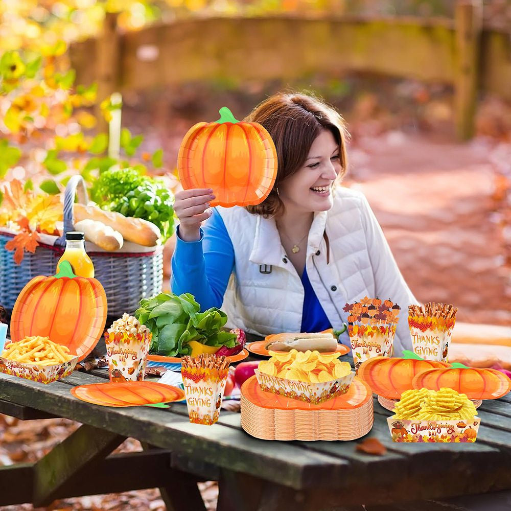 134 Pcs Thanksgiving Party Tableware Set Include Pumpkin Paper Plates Popcorn Boxes Food Trays with Fall Cocktail Picks Disposable Fall Harvest Dinnerware Set for Autumn Holiday Thanksgiving