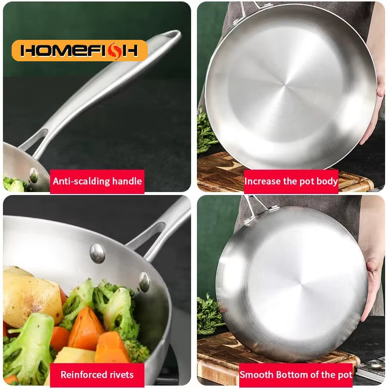 PDG1 304 Stainless Steel Non Stick Pan for Frying Steak Uncoated Kitchen Cookware Suitable for Gas Stoves and Induction Cookers