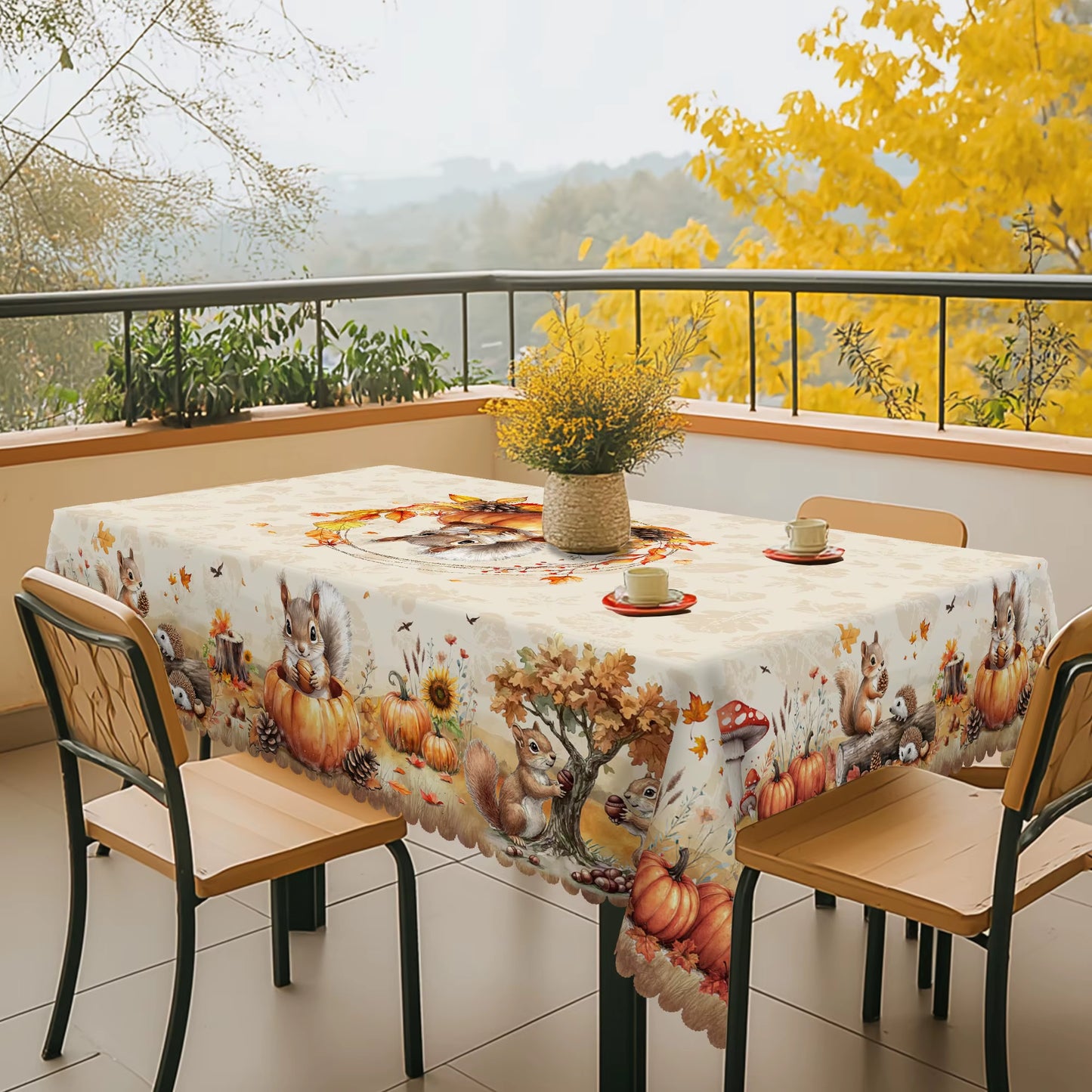 Gnizama Autumn Decoration Fall Thanksgiving Rectangular round Tablecloth, Squirrel Pumpkin Maple Leaf Pattern Design,