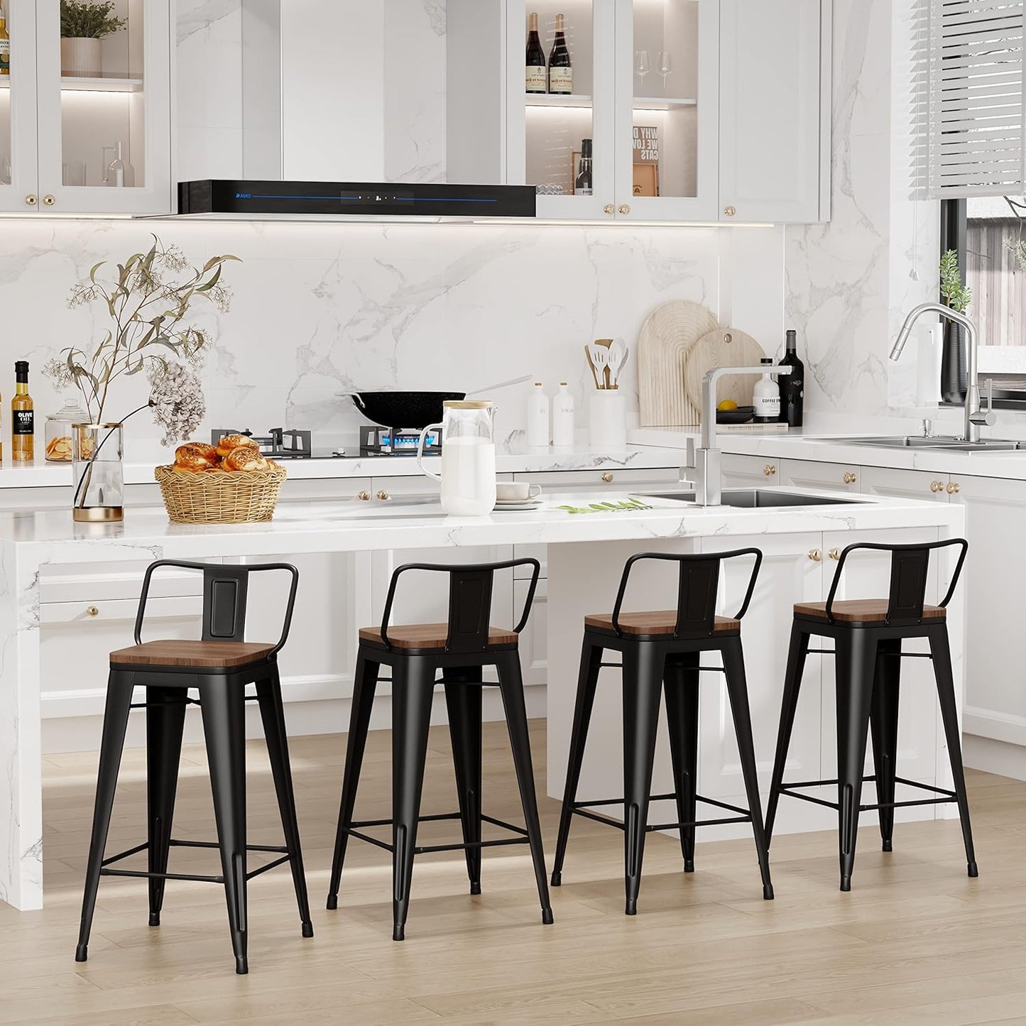 24 Inch Bar Stools Set of 4 Industrial Metal Barstools Counter Height Bar Stool with Backs for Home Kitchen (24 Inch, Black)