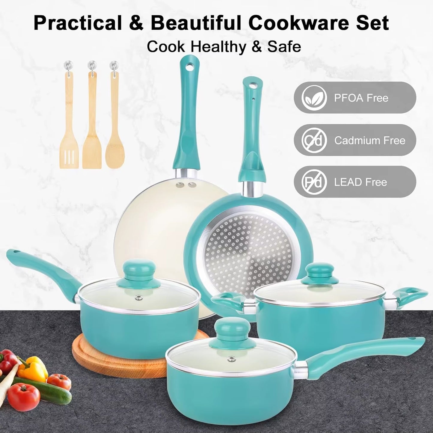 11 Piece Kitchen Non Stick Cookware Set with Electromagnetic, Ceramic, Insulated Handle, 100% PFOA Free, Turquoise Color