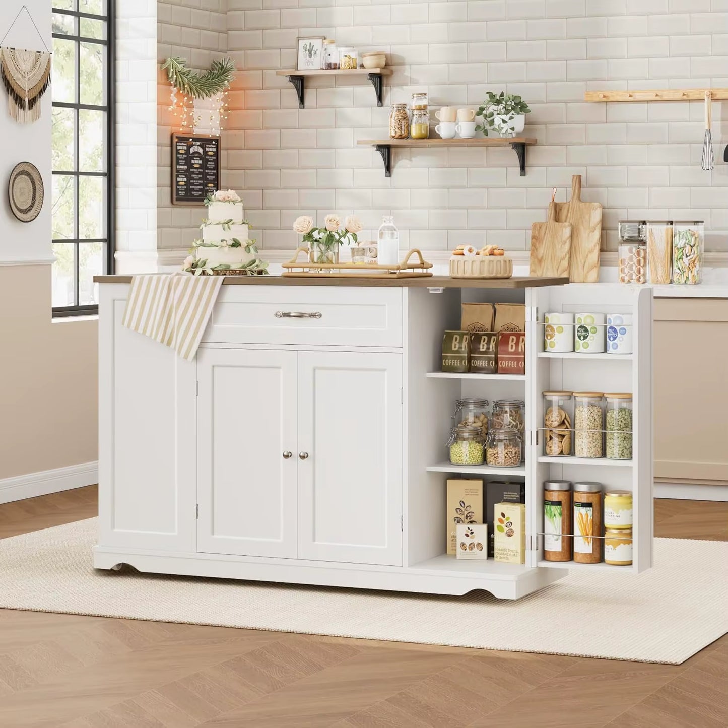 47" White Kitchen Island Cart on Wheels W/ 2 Drawers & Adjustable Shelves - Mobile Storage Cart, Buffet Cabinet for Dining Room