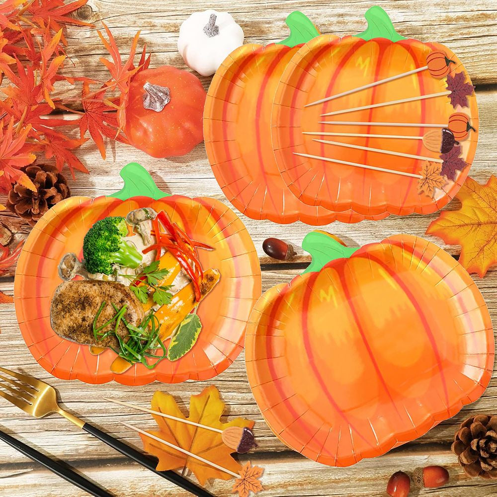 134 Pcs Thanksgiving Party Tableware Set Include Pumpkin Paper Plates Popcorn Boxes Food Trays with Fall Cocktail Picks Disposable Fall Harvest Dinnerware Set for Autumn Holiday Thanksgiving