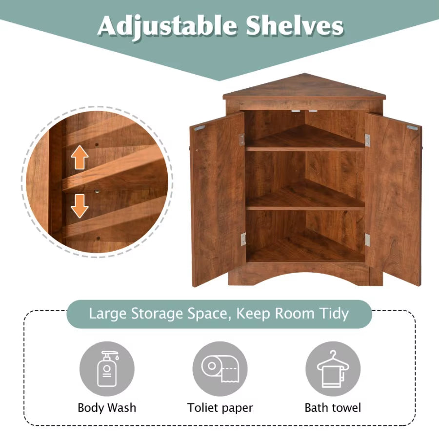 Brown Triangle Bathroom Storage Cabinet with Adjustable Shelves Freestanding Floor Cabinet for Home Kitchen