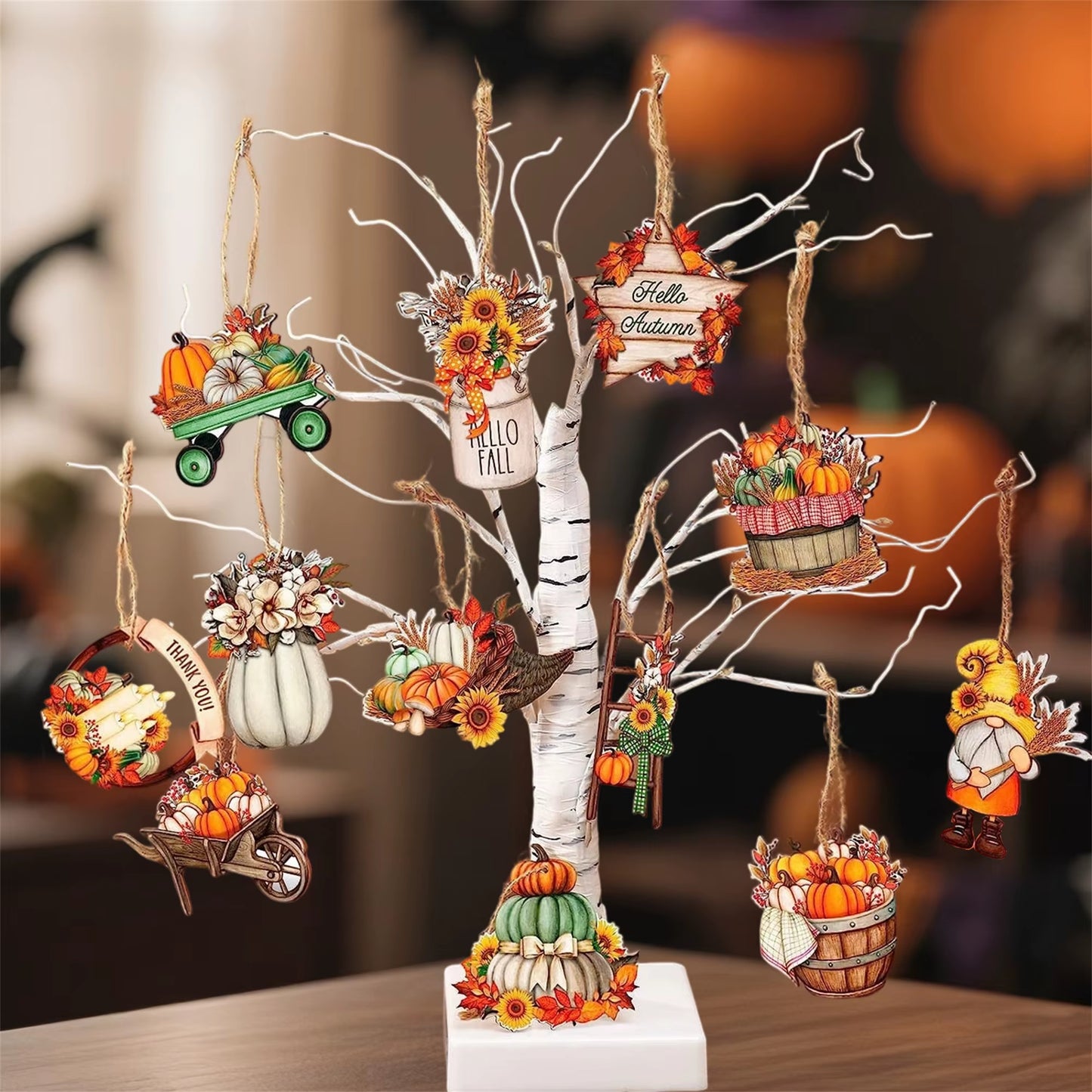 Thanksgiving Harvest Decor Set with Gnome Pumpkin Leaves - Wooden Hanging Ornaments for Autumn Home Party Wall Display