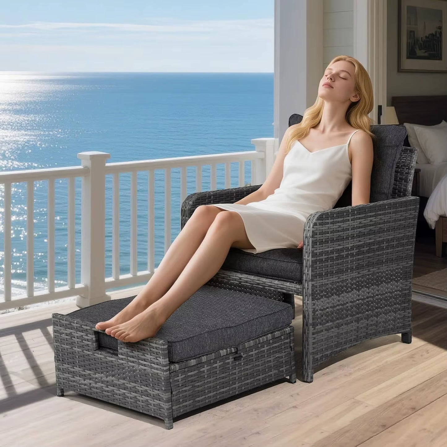 Wicker Patio Furniture Set, Balcony Furniture with Ottoman & Side Table for Lawn Pool Garden (Grey&Grey Rattan)