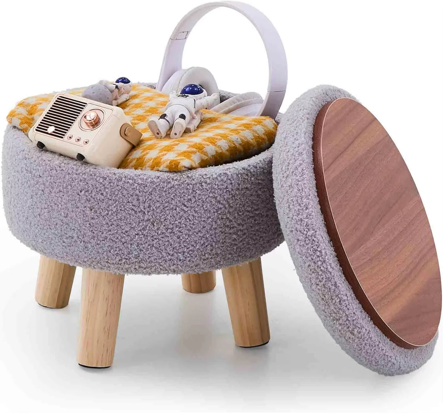 Storage Ottoman, Modern round Footrest with Soft Padded Seat, Teddy Velvet Footstool with Wood Legs