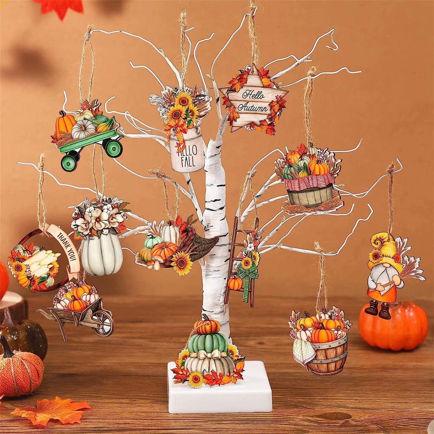 Thanksgiving Harvest Decor Set with Gnome Pumpkin Leaves - Wooden Hanging Ornaments for Autumn Home Party Wall Display