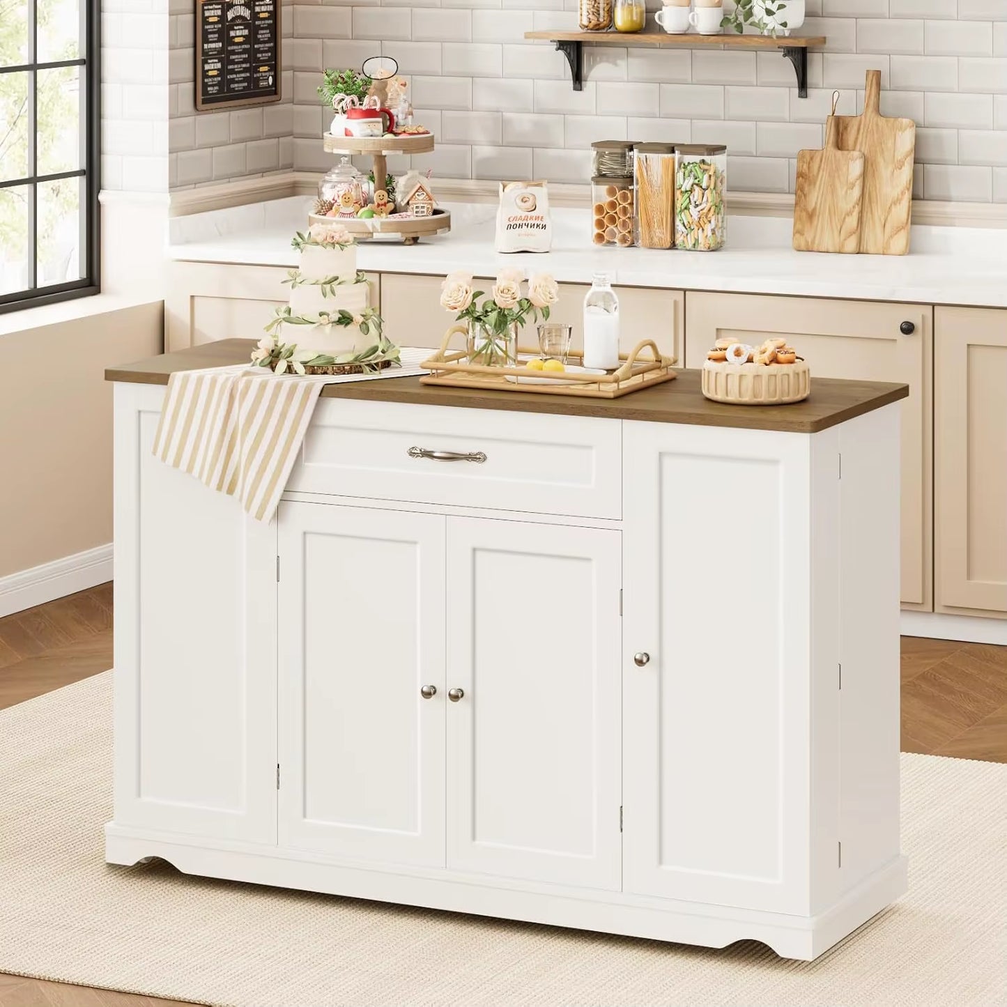 47" White Kitchen Island Cart on Wheels W/ 2 Drawers & Adjustable Shelves - Mobile Storage Cart, Buffet Cabinet for Dining Room