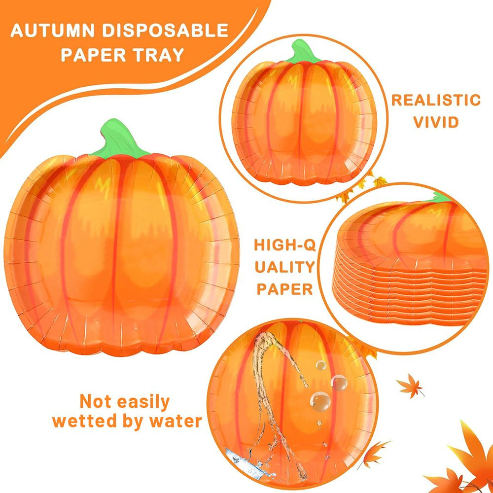 134 Pcs Thanksgiving Party Tableware Set Include Pumpkin Paper Plates Popcorn Boxes Food Trays with Fall Cocktail Picks Disposable Fall Harvest Dinnerware Set for Autumn Holiday Thanksgiving