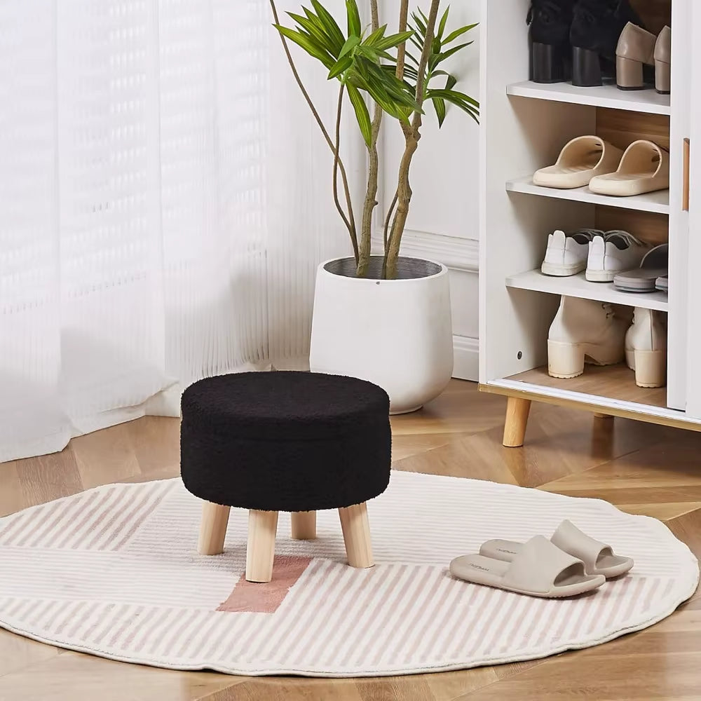 Storage Ottoman, Modern round Footrest with Soft Padded Seat, Teddy Velvet Footstool with Wood Legs