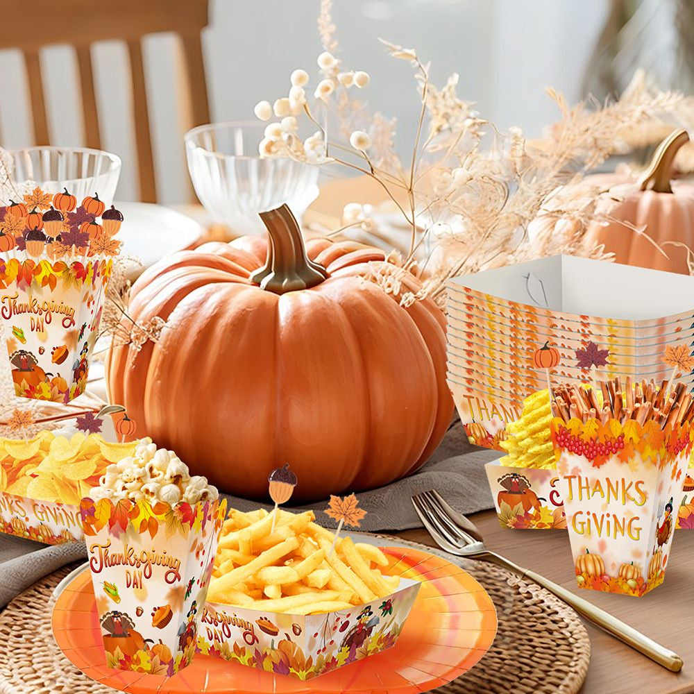 134 Pcs Thanksgiving Party Tableware Set Include Pumpkin Paper Plates Popcorn Boxes Food Trays with Fall Cocktail Picks Disposable Fall Harvest Dinnerware Set for Autumn Holiday Thanksgiving