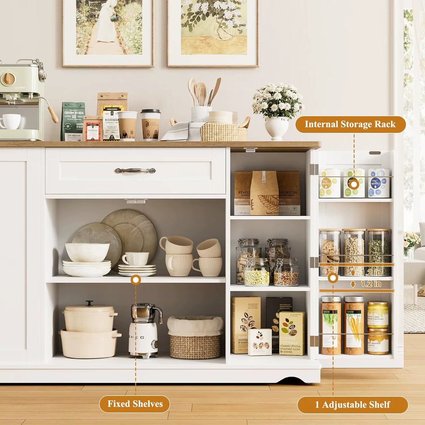 47" White Kitchen Island Cart on Wheels W/ 2 Drawers & Adjustable Shelves - Mobile Storage Cart, Buffet Cabinet for Dining Room