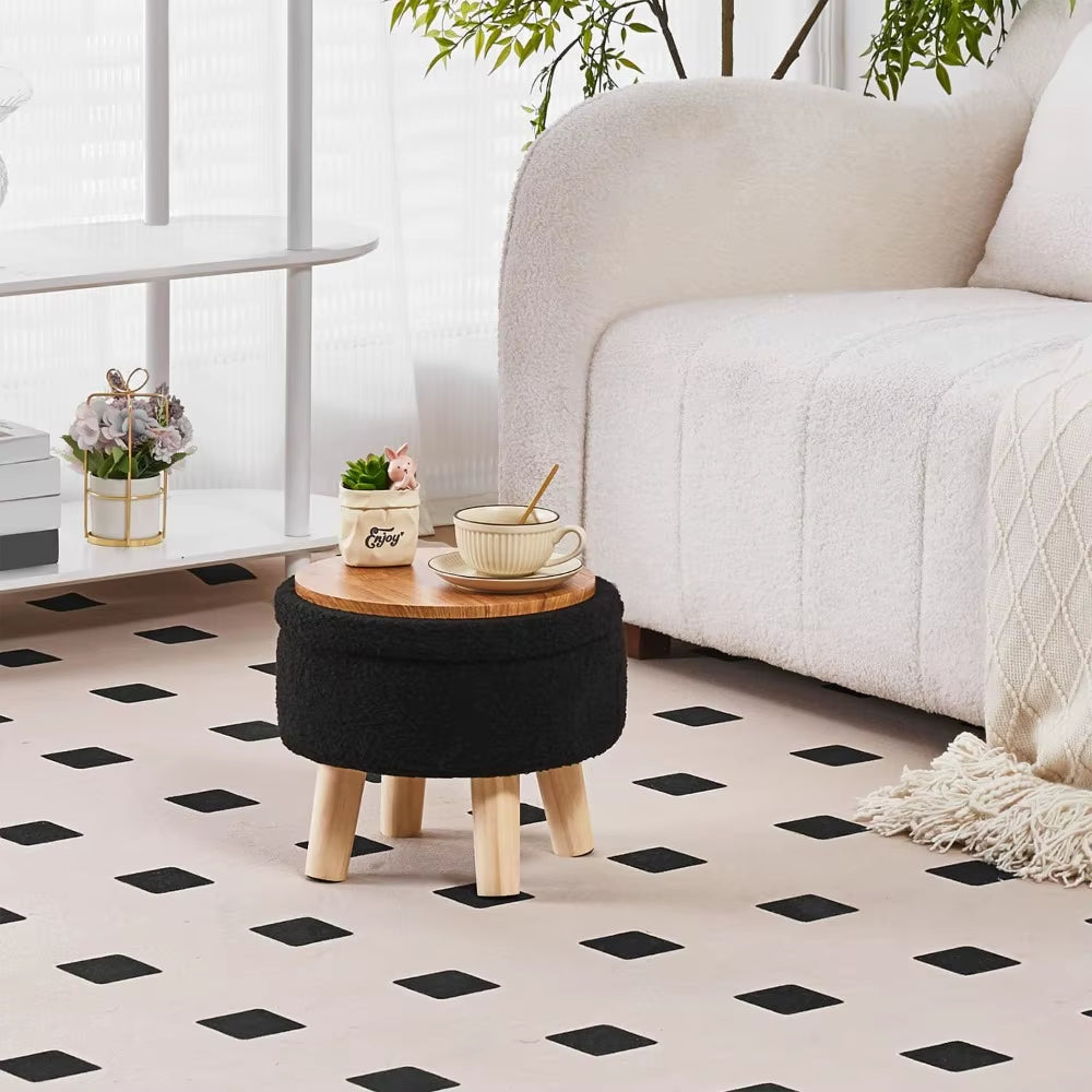 Storage Ottoman, Modern round Footrest with Soft Padded Seat, Teddy Velvet Footstool with Wood Legs