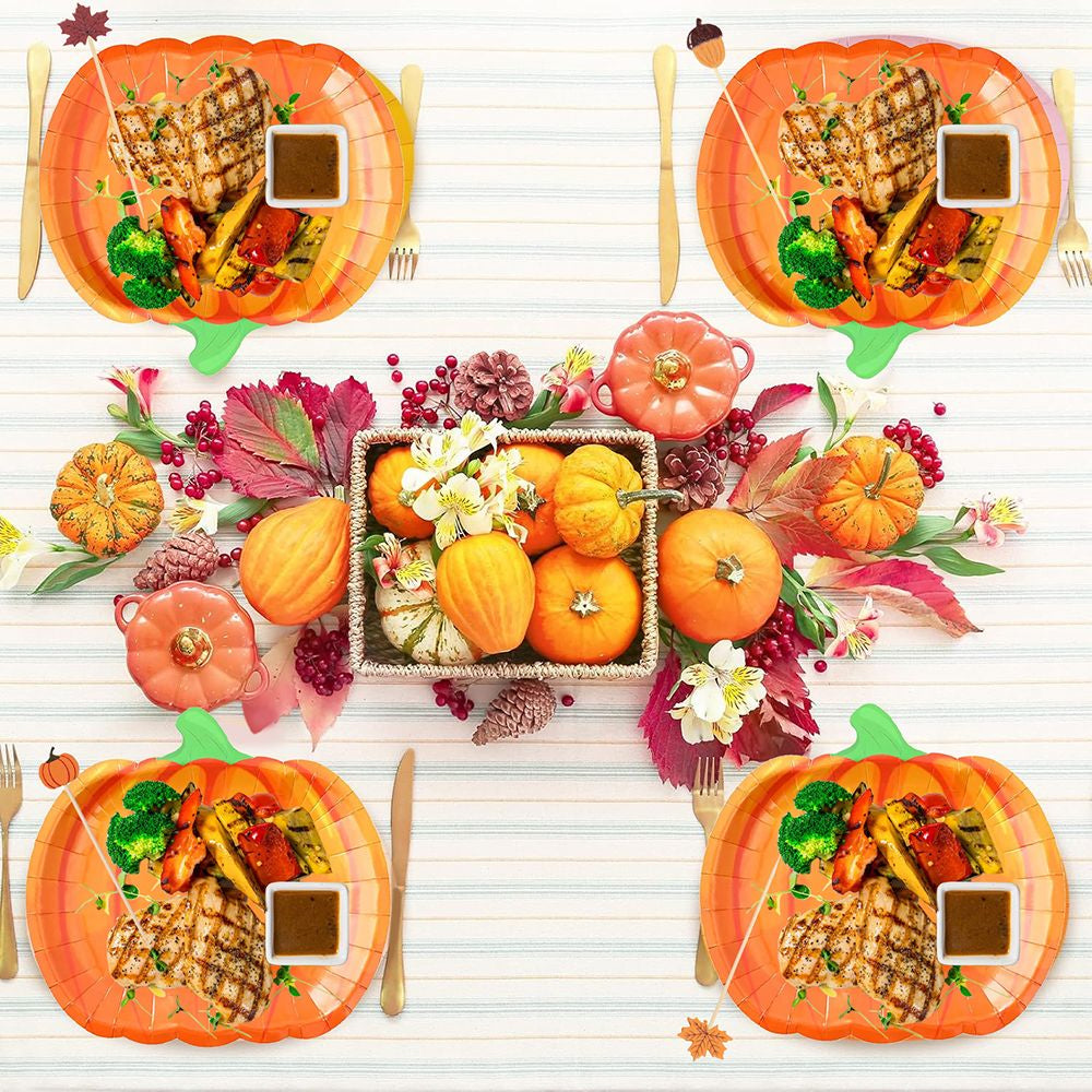 134 Pcs Thanksgiving Party Tableware Set Include Pumpkin Paper Plates Popcorn Boxes Food Trays with Fall Cocktail Picks Disposable Fall Harvest Dinnerware Set for Autumn Holiday Thanksgiving