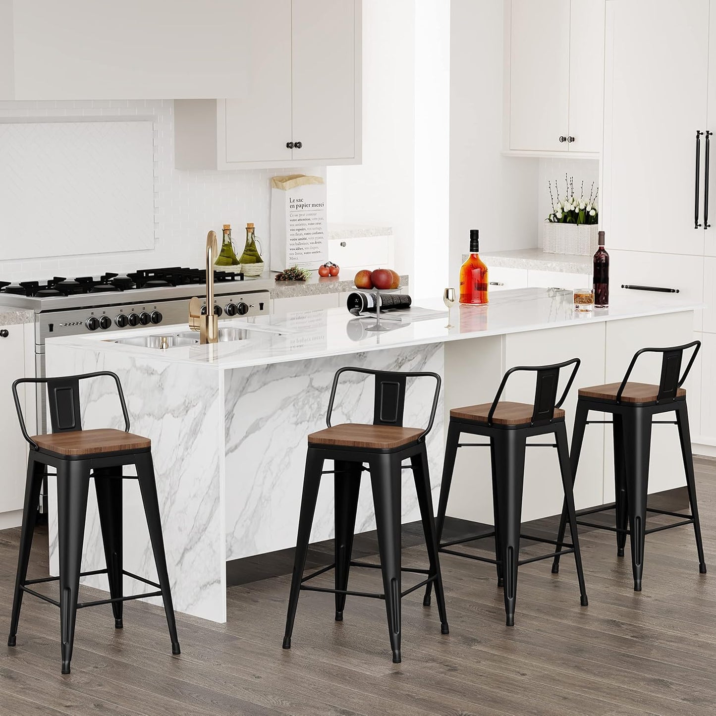 24 Inch Bar Stools Set of 4 Industrial Metal Barstools Counter Height Bar Stool with Backs for Home Kitchen (24 Inch, Black)