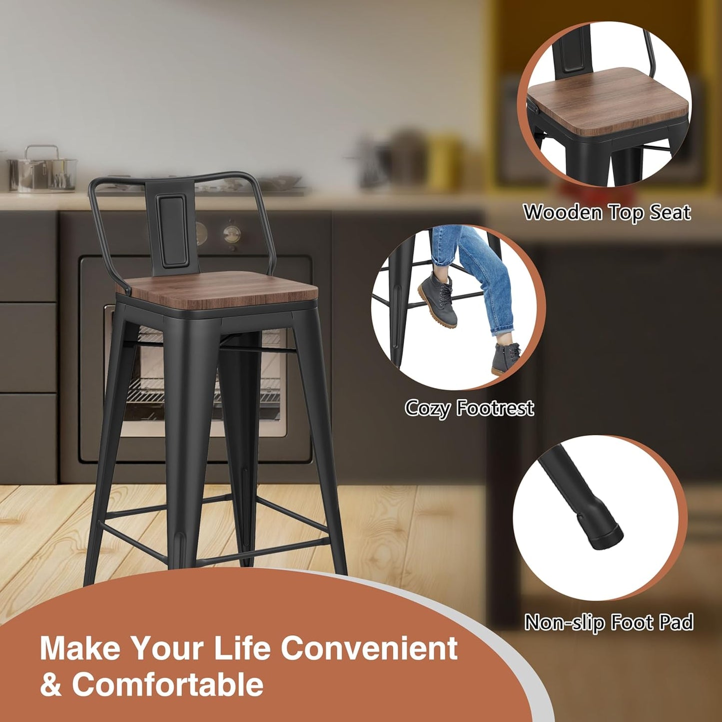 24 Inch Bar Stools Set of 4 Industrial Metal Barstools Counter Height Bar Stool with Backs for Home Kitchen (24 Inch, Black)