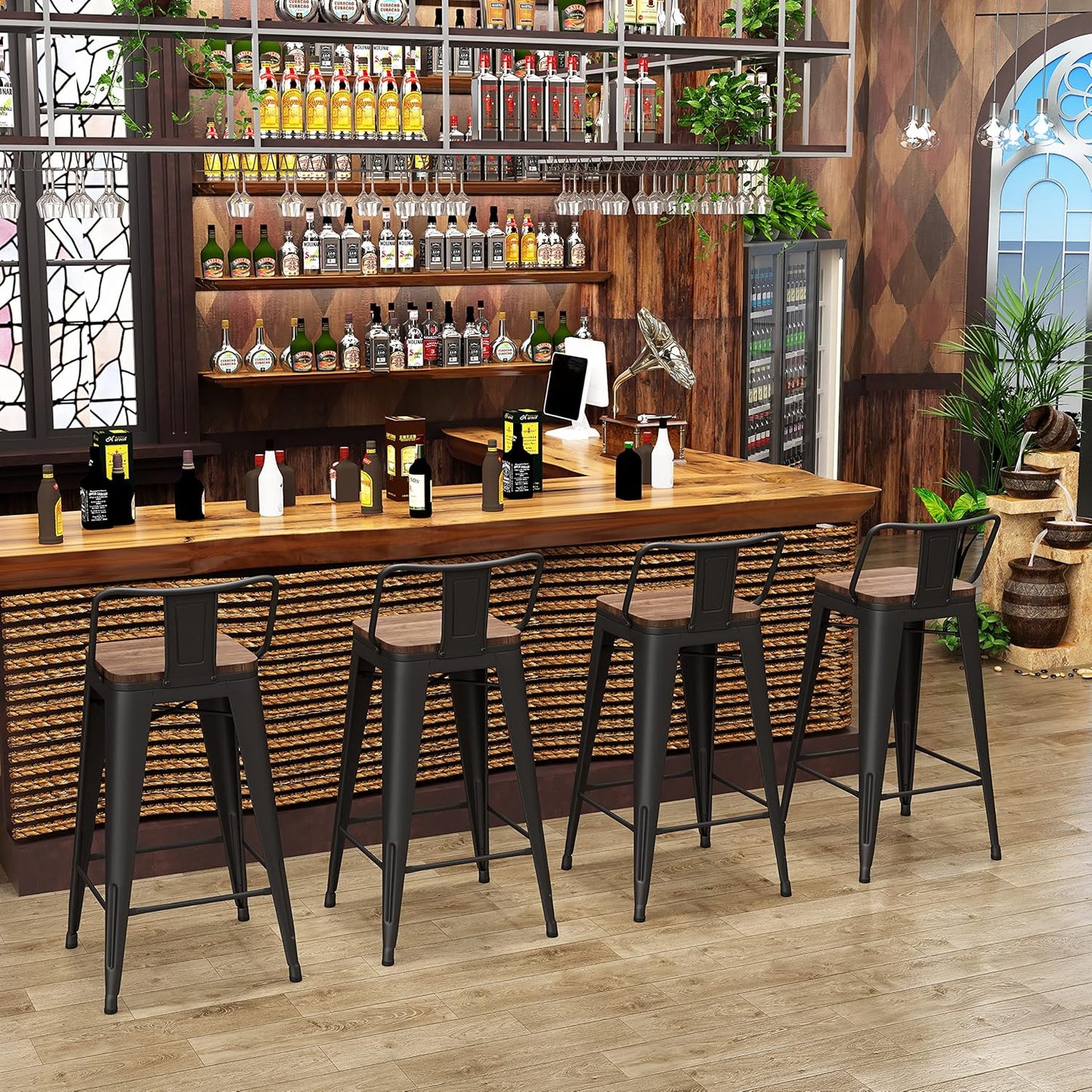 24 Inch Bar Stools Set of 4 Industrial Metal Barstools Counter Height Bar Stool with Backs for Home Kitchen (24 Inch, Black)
