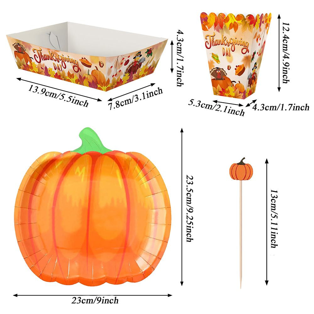 134 Pcs Thanksgiving Party Tableware Set Include Pumpkin Paper Plates Popcorn Boxes Food Trays with Fall Cocktail Picks Disposable Fall Harvest Dinnerware Set for Autumn Holiday Thanksgiving