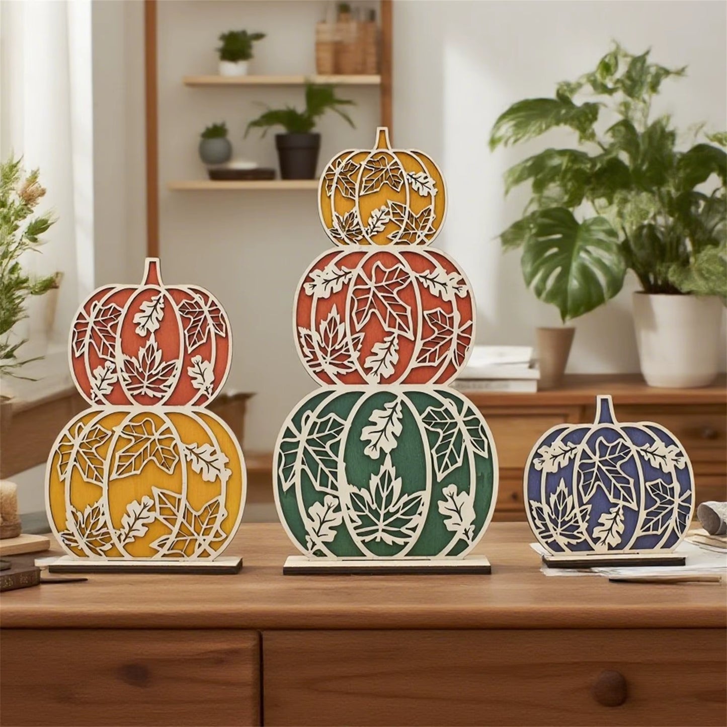 Thanksgiving Harvest Decor 3 Piece Set Rustic Wooden Pumpkin Table Centerpiece Fall Home Holiday Decoration