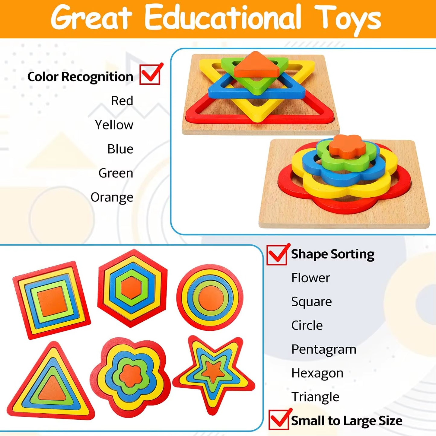 Stacking Puzzle Game Blocks Educational Toy for Kids Montessori Wooden Shape Sorting Puzzle Sensory Toys Developmental 1 2 3 4 Y