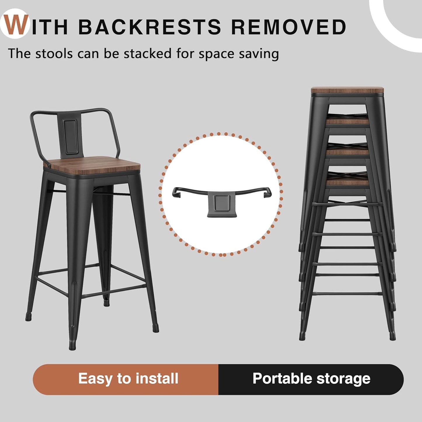 24 Inch Bar Stools Set of 4 Industrial Metal Barstools Counter Height Bar Stool with Backs for Home Kitchen (24 Inch, Black)