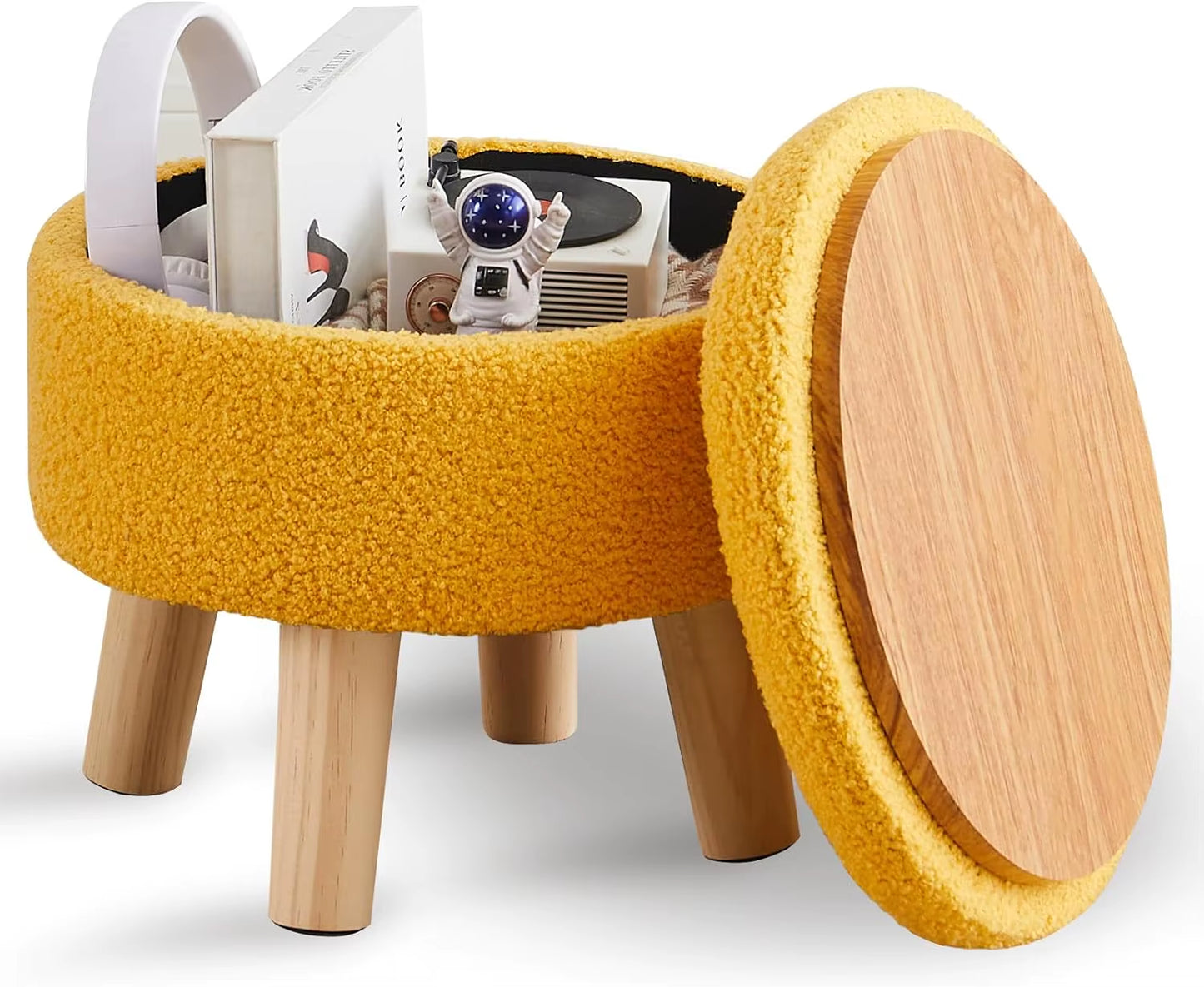 Storage Ottoman, Modern round Footrest with Soft Padded Seat, Teddy Velvet Footstool with Wood Legs