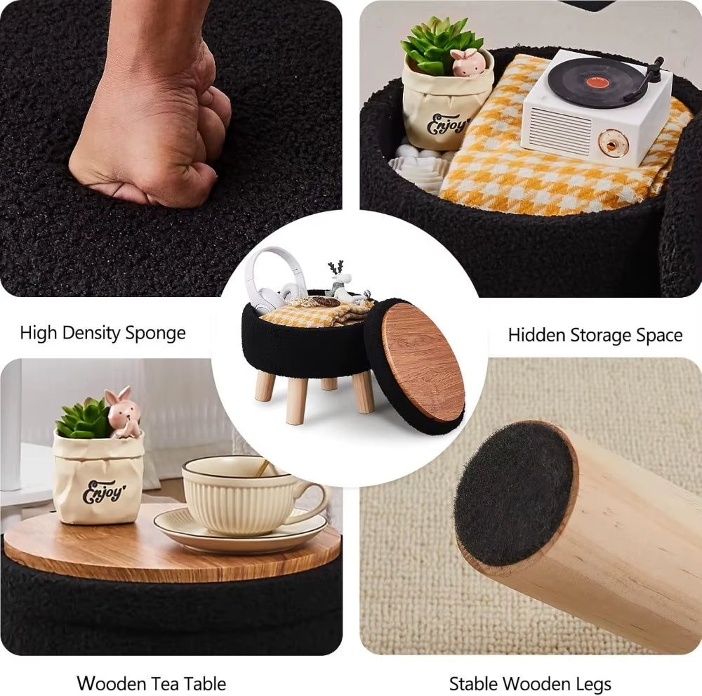 Storage Ottoman, Modern round Footrest with Soft Padded Seat, Teddy Velvet Footstool with Wood Legs