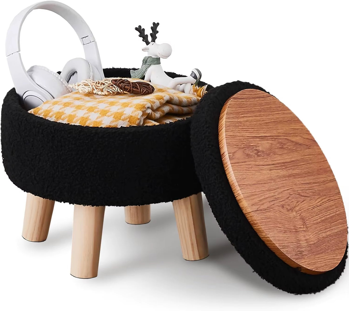 Storage Ottoman, Modern round Footrest with Soft Padded Seat, Teddy Velvet Footstool with Wood Legs