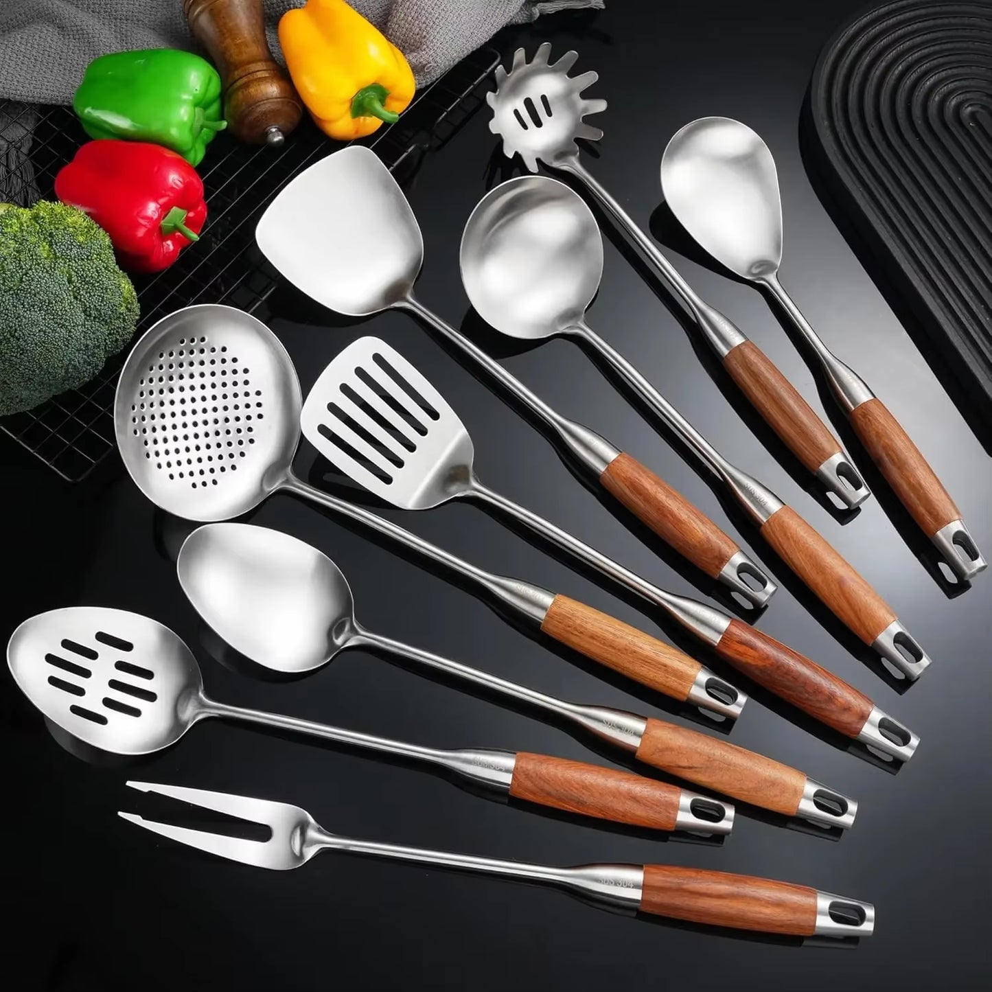 304 Stainless Steel Kitchen Utensils Set with Wooden Handle for Cooking 9 PCS with Solid Spoon, Slotted Spoon, Fork, Spatula