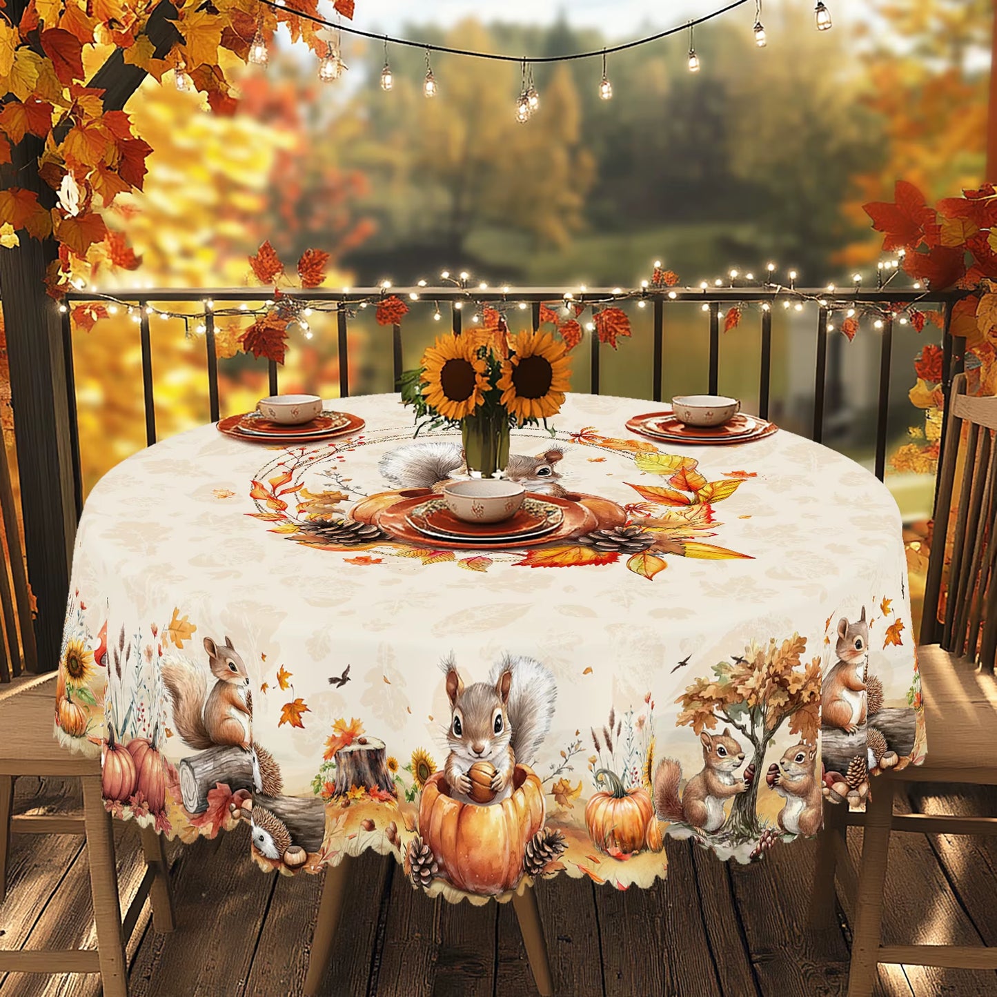 Gnizama Autumn Decoration Fall Thanksgiving Rectangular round Tablecloth, Squirrel Pumpkin Maple Leaf Pattern Design,
