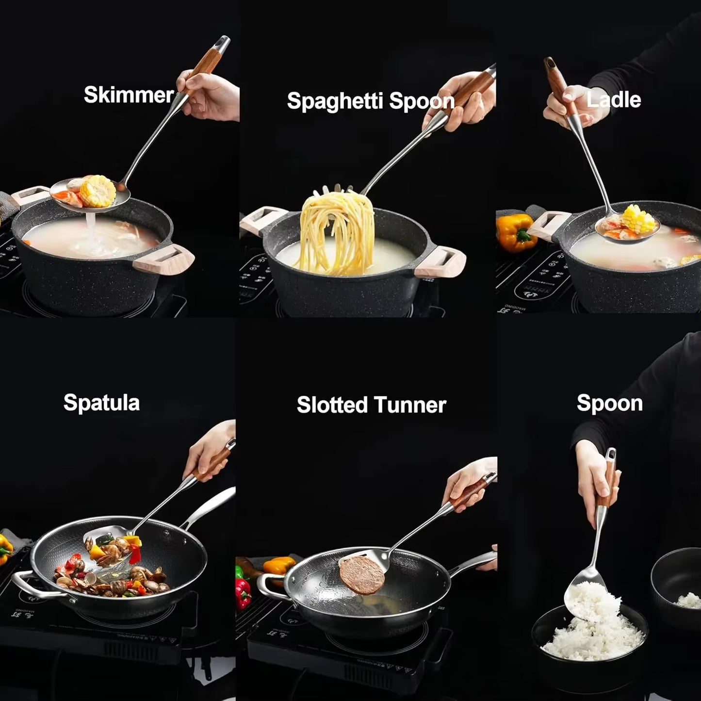 304 Stainless Steel Kitchen Utensils Set with Wooden Handle for Cooking 9 PCS with Solid Spoon, Slotted Spoon, Fork, Spatula