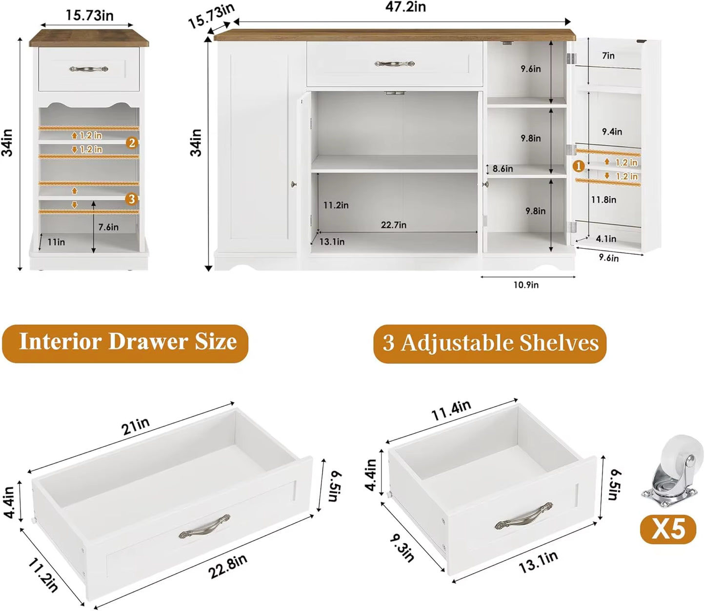 47" White Kitchen Island Cart on Wheels W/ 2 Drawers & Adjustable Shelves - Mobile Storage Cart, Buffet Cabinet for Dining Room