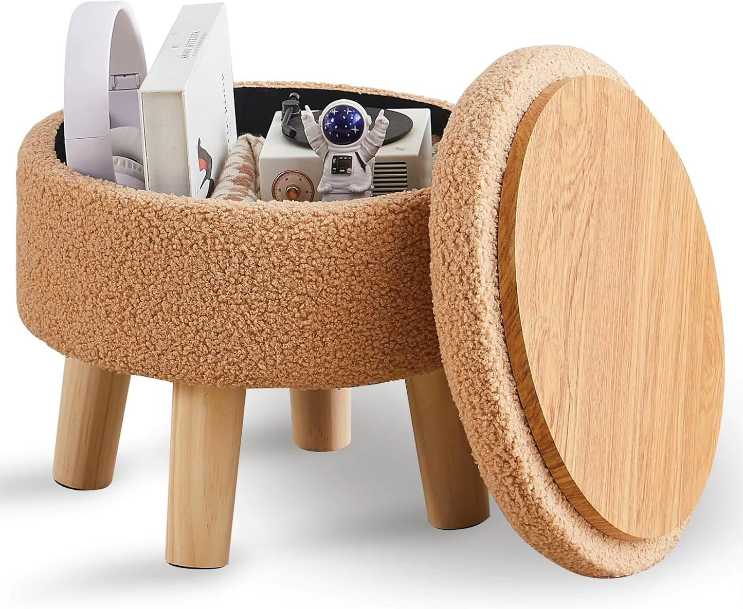 Storage Ottoman, Modern round Footrest with Soft Padded Seat, Teddy Velvet Footstool with Wood Legs