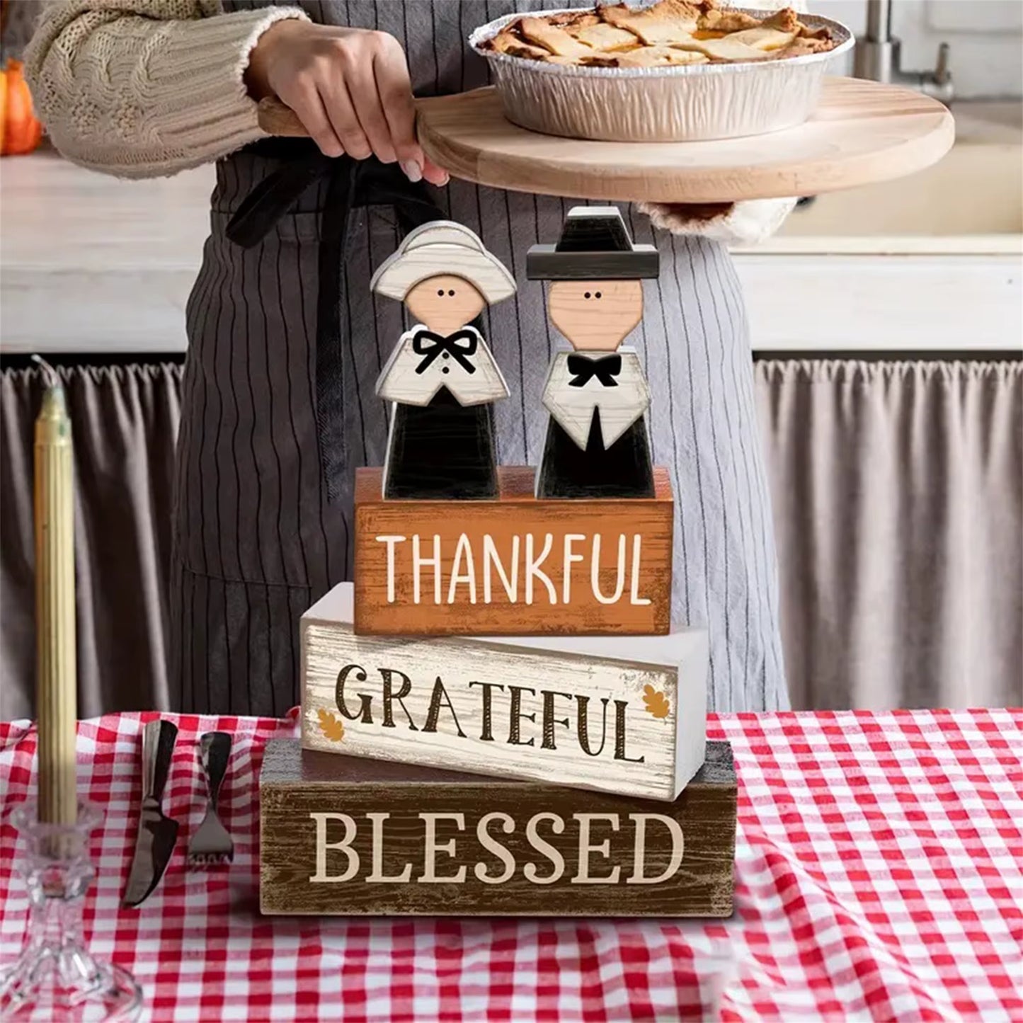 Thanksgiving Harvest Wooden Pumpkin Table Centerpiece Rustic Fall Decorative Desk Ornament Set of 3 Pieces