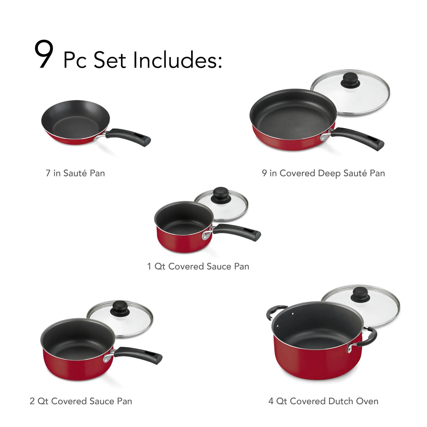 9-Piece Nonstick Cookware Set, Red, 18.37 X 6.50 X 11.88 Inches