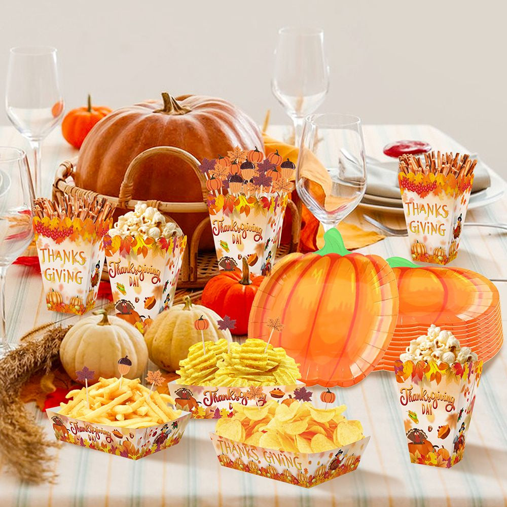 134 Pcs Thanksgiving Party Tableware Set Include Pumpkin Paper Plates Popcorn Boxes Food Trays with Fall Cocktail Picks Disposable Fall Harvest Dinnerware Set for Autumn Holiday Thanksgiving