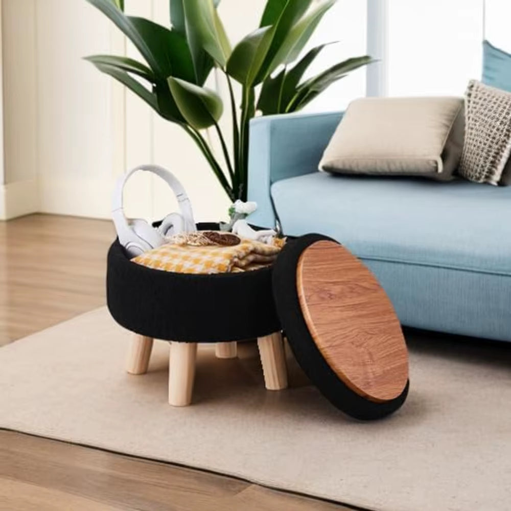 Storage Ottoman, Modern round Footrest with Soft Padded Seat, Teddy Velvet Footstool with Wood Legs