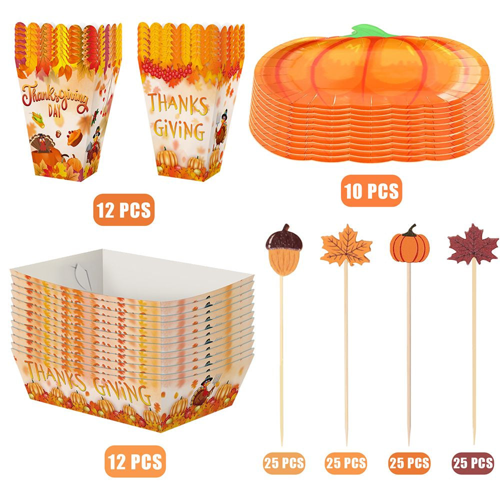 134 Pcs Thanksgiving Party Tableware Set Include Pumpkin Paper Plates Popcorn Boxes Food Trays with Fall Cocktail Picks Disposable Fall Harvest Dinnerware Set for Autumn Holiday Thanksgiving