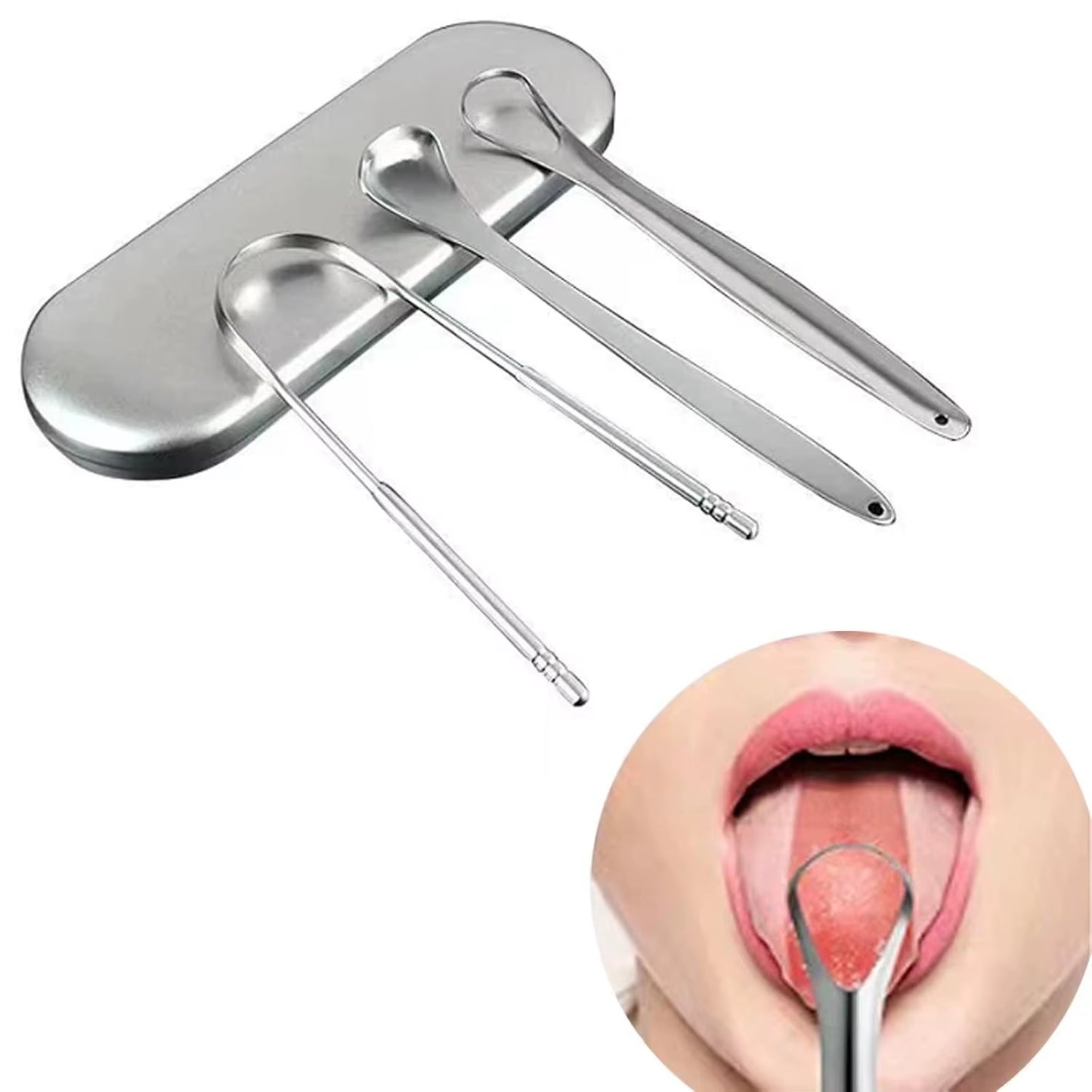 3/4PCS Tongue Scraper for Adults with U-Shaped Hollowed-Out Spooned Stainless Steel Tongue Cleaner with Metal Travel Case Bad