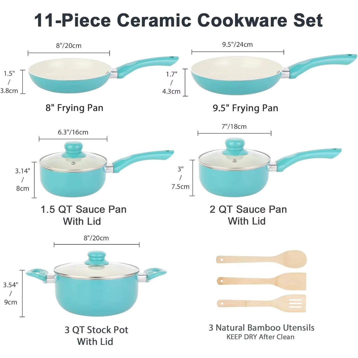 11 Piece Kitchen Non Stick Cookware Set with Electromagnetic, Ceramic, Insulated Handle, 100% PFOA Free, Turquoise Color